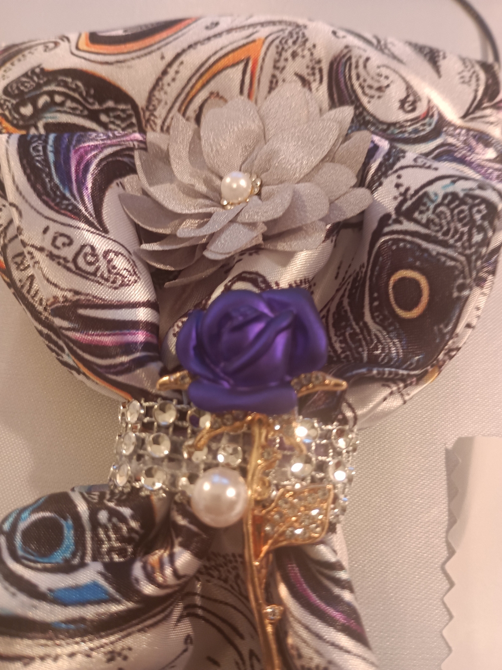 Rhinestone JunkTie Necklace with Purple Rose & Pearl Accent
